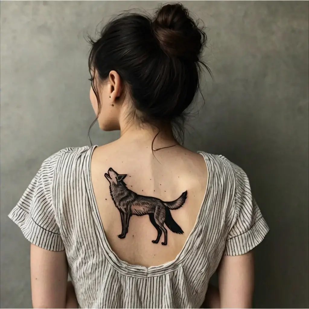 Tattoo of a howling wolf on the upper back, detailed with fine lines and shading, symbolizing strength and freedom.