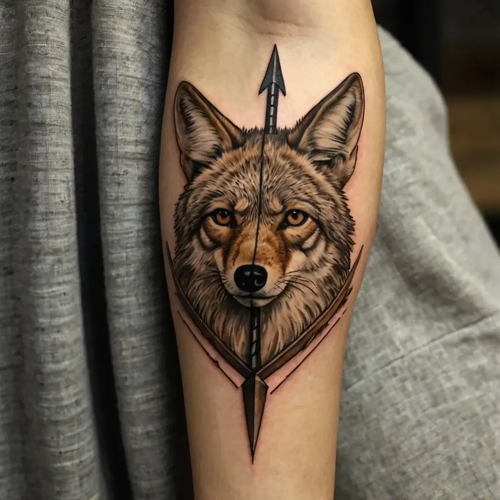 Realistic wolf head with an arrow through the center, symbolizing strength and focus, detailed shading enhances depth.