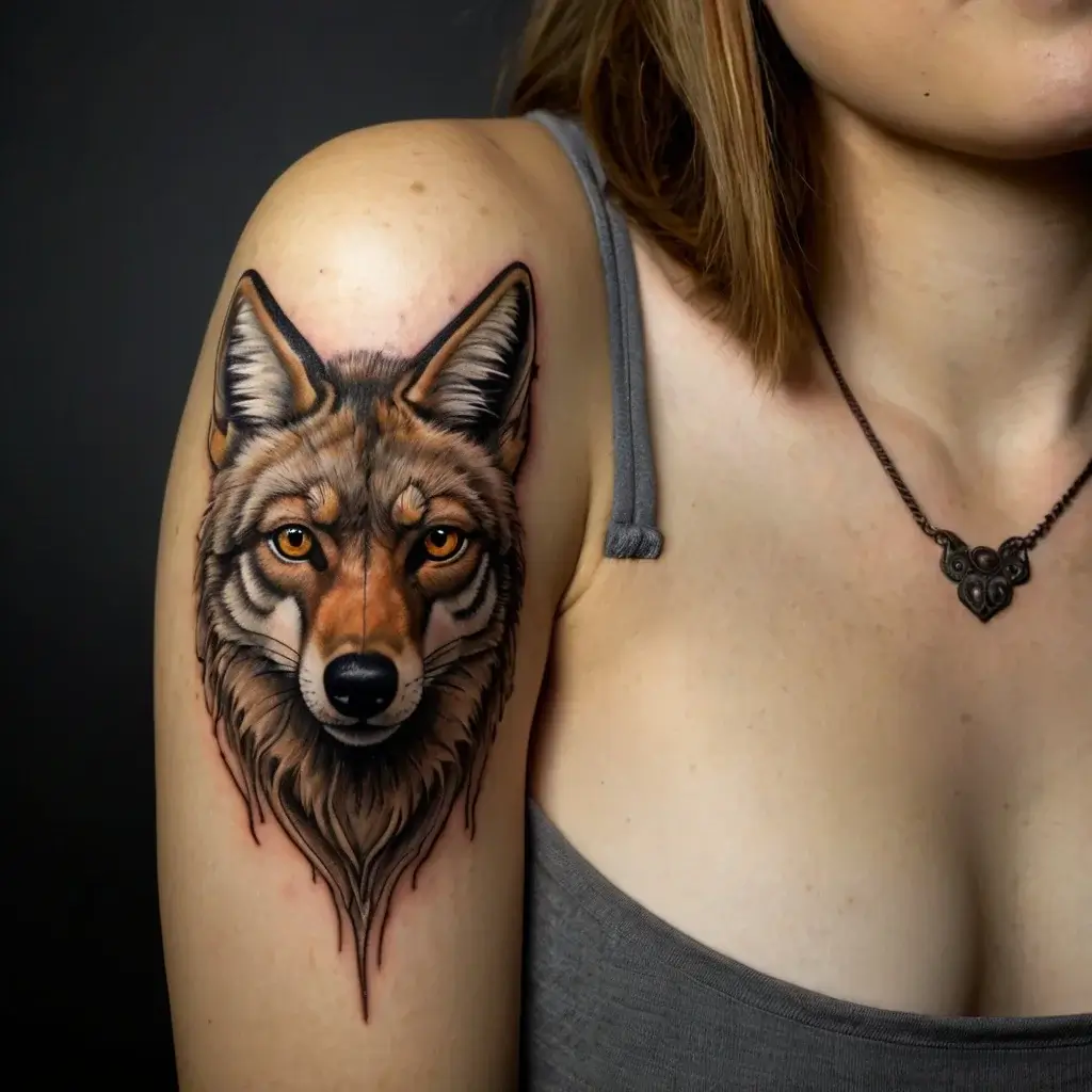 Realistic wolf head tattoo with piercing eyes on upper arm, showcasing detailed fur and natural colors.