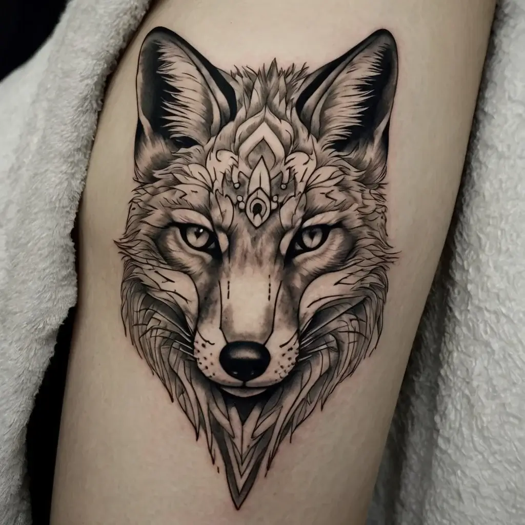 Intricate wolf head tattoo with geometric details and ornamental forehead design, showcasing realistic shading and texture.