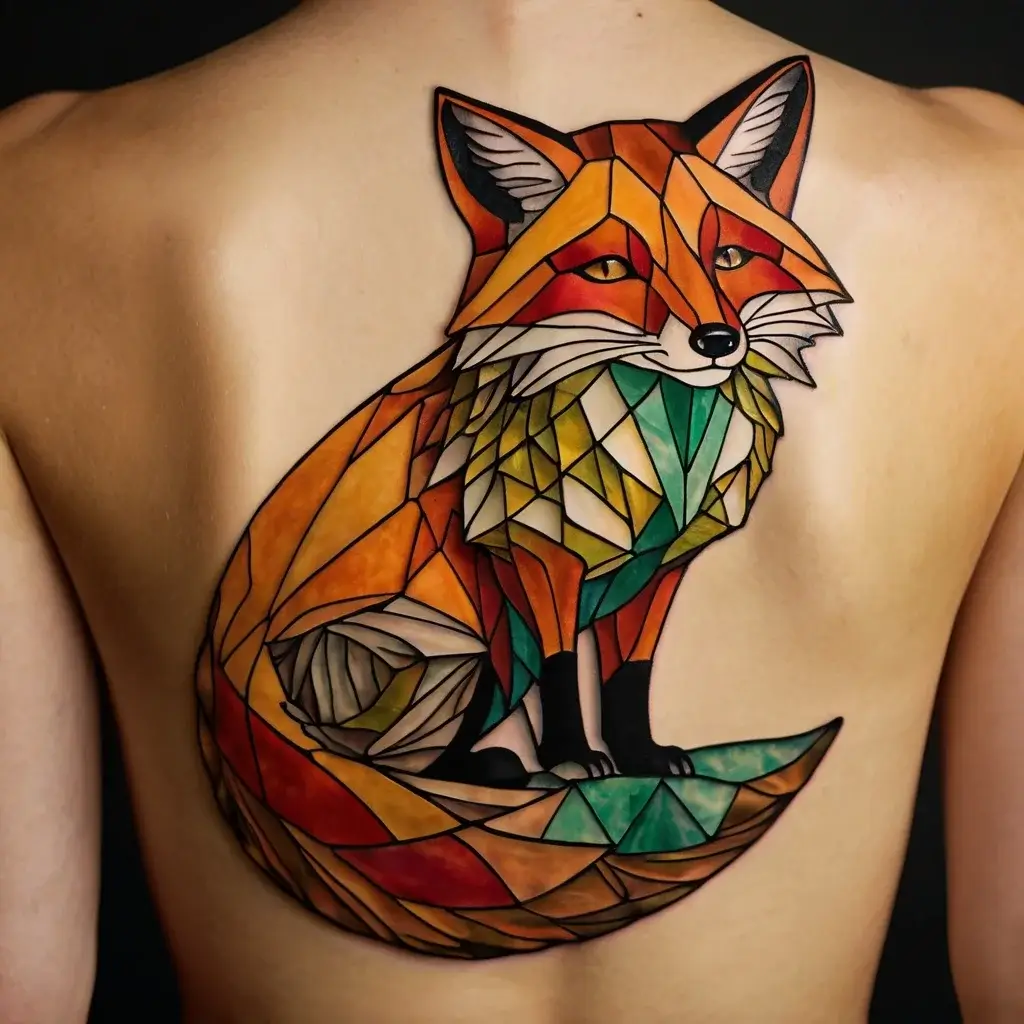 Geometric fox tattoo on back, vibrant colors with stained glass effect, featuring orange, green, and teal patterns.