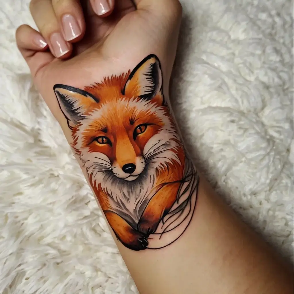 Vibrant fox tattoo on forearm with detailed orange fur and piercing eyes, set against a minimal background.