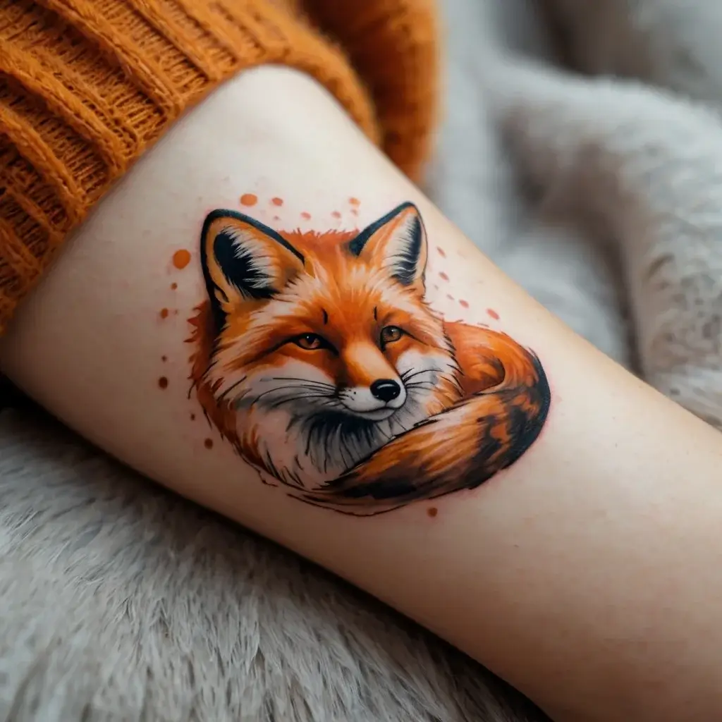 A vibrant fox tattoo with a realistic style, featuring rich orange hues and subtle dot accents for added depth and texture.