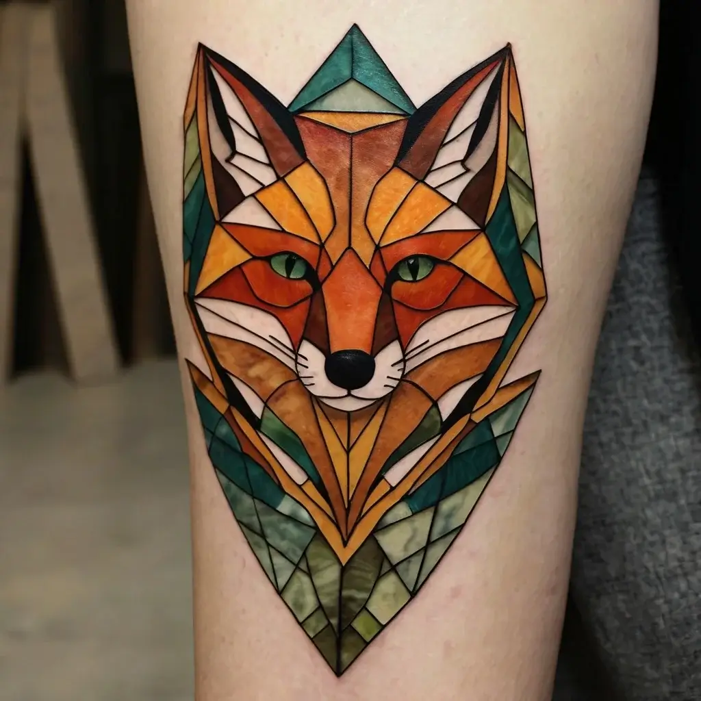 Geometric fox tattoo in vibrant orange, green, and brown hues, creating a stained glass effect with sharp lines and angles.