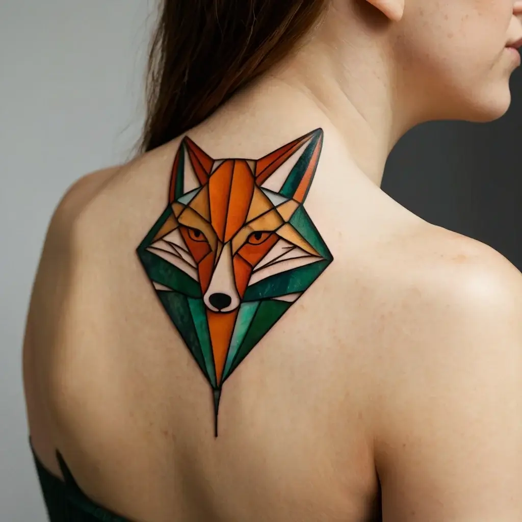 Geometric fox tattoo in orange, green, and white hues, featuring bold lines and angular shapes on the upper back.