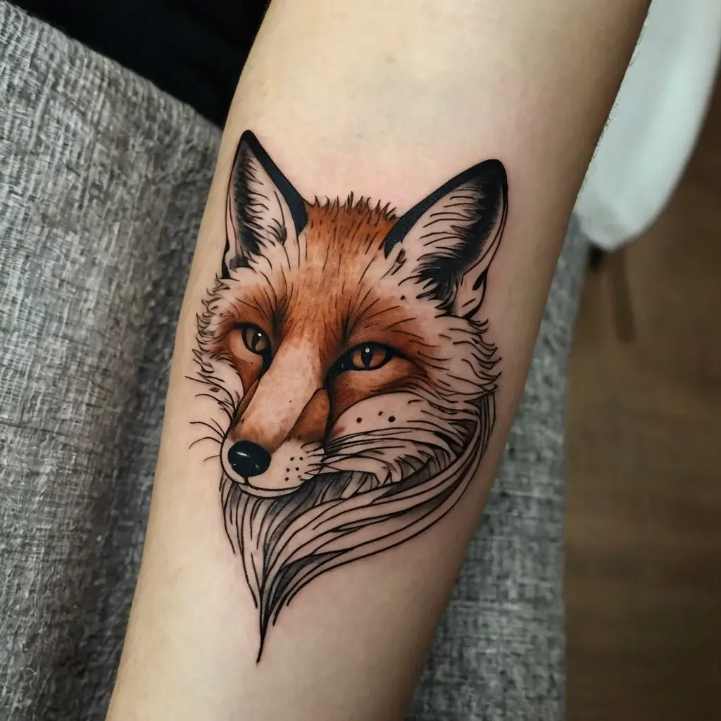 Realistic fox tattoo with intricate shading and bold outlines, showcasing the fox's face and detailed fur textures.