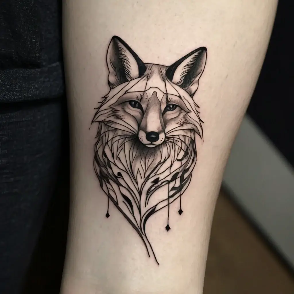 Stylized fox head tattoo with geometric lines and subtle shading, emphasizing intricate details and elegance.