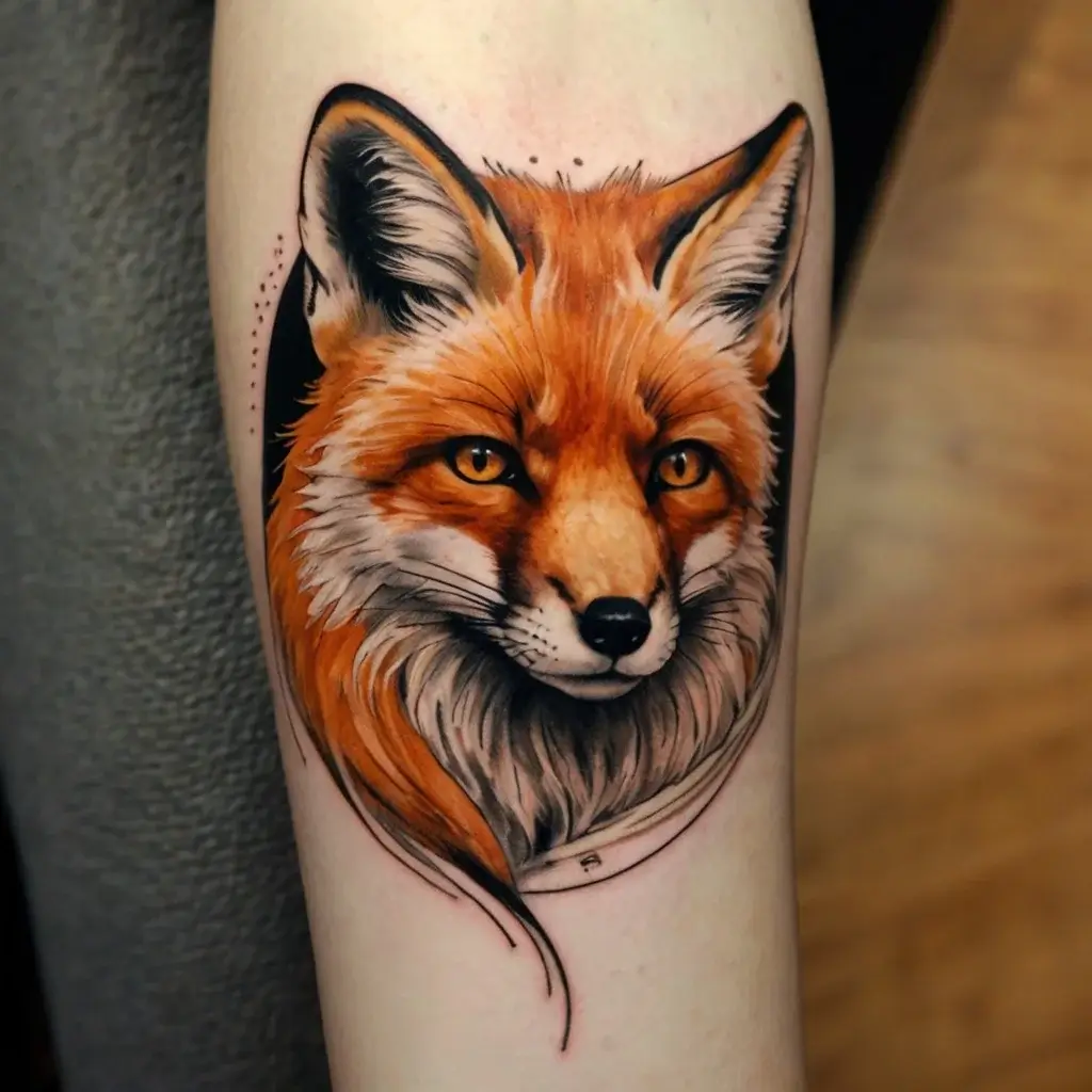 Realistic fox portrait tattoo with vibrant orange fur and piercing eyes, accented by subtle dot work and shading.