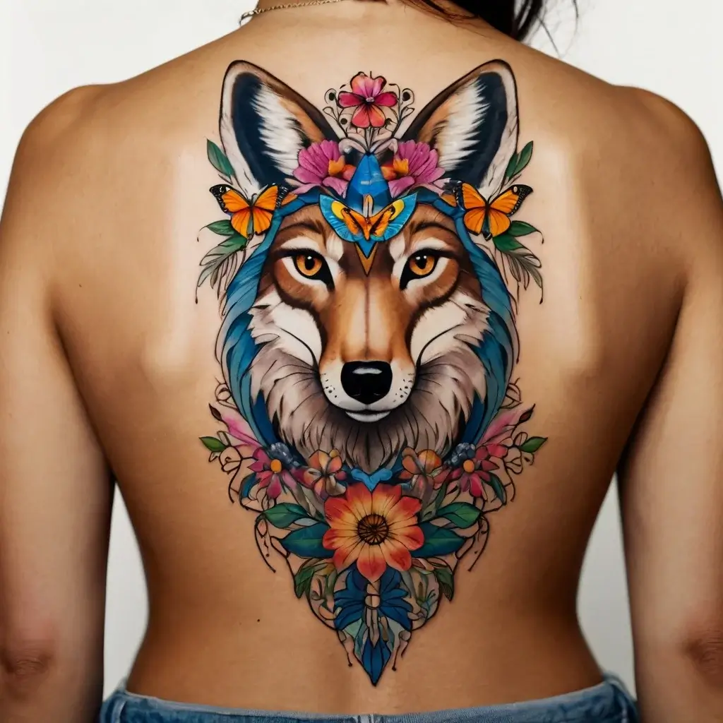 Vibrant wolf tattoo adorned with butterflies and flowers, blending nature and spirit on the back.