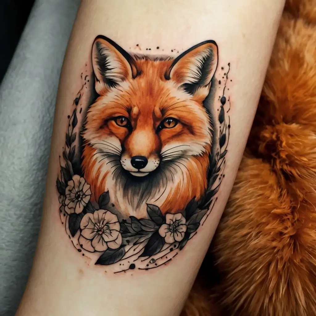 A vibrant fox head surrounded by black and white flowers and leaves, inked in a realistic style on the forearm.