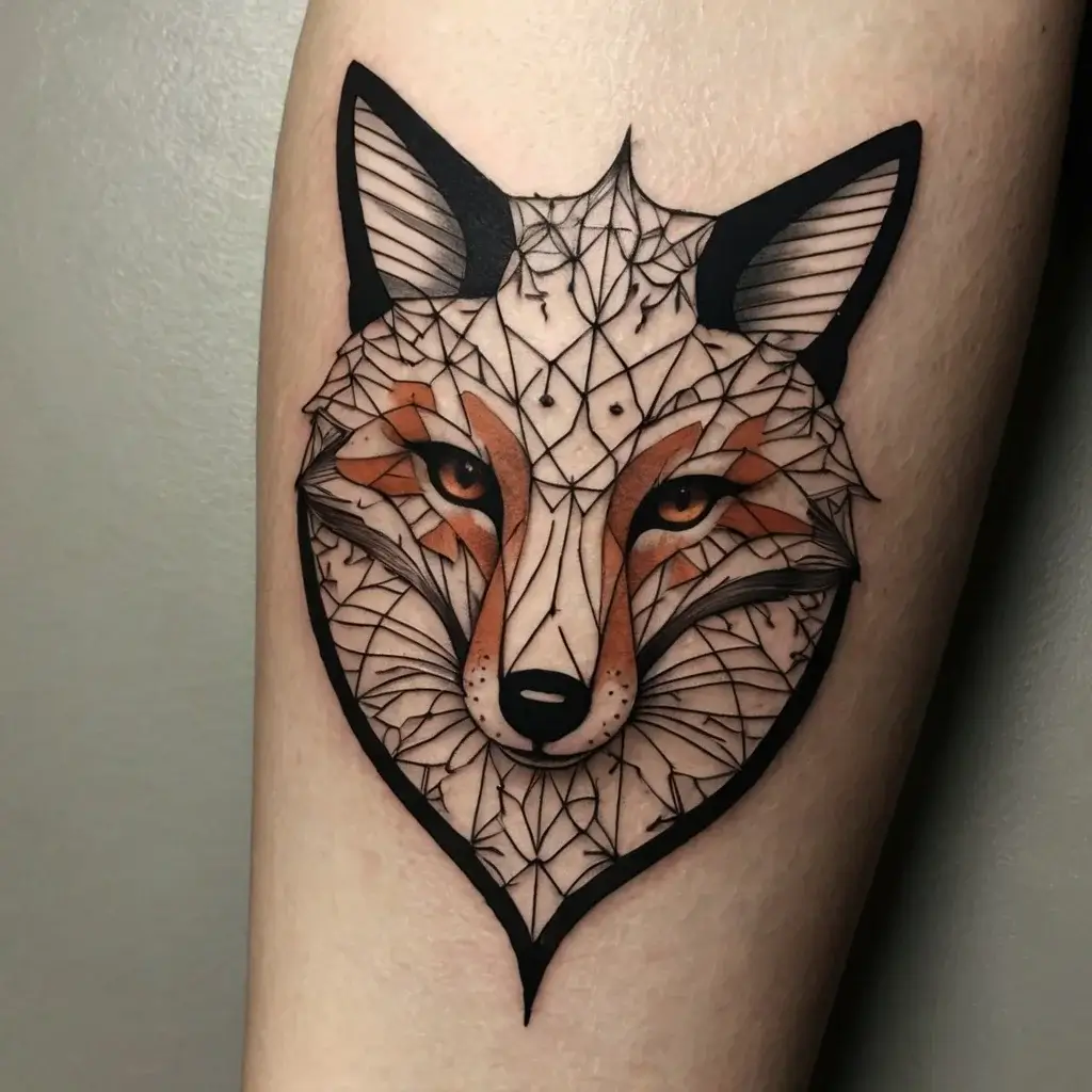 Geometric fox tattoo with intricate linework and shaded orange accents, capturing a modern, artistic design style.