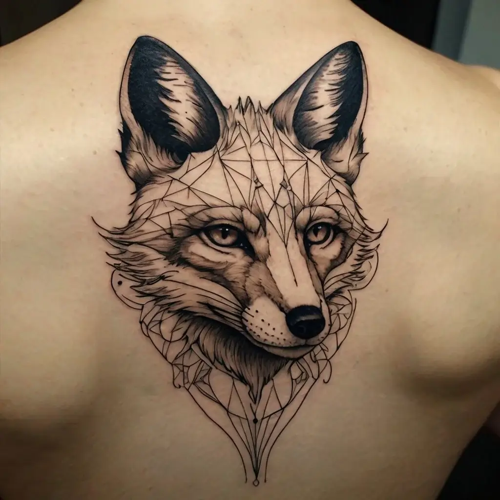 Geometric fox tattoo with intricate linework and shading, combining realism and abstract elements, centered on the back.