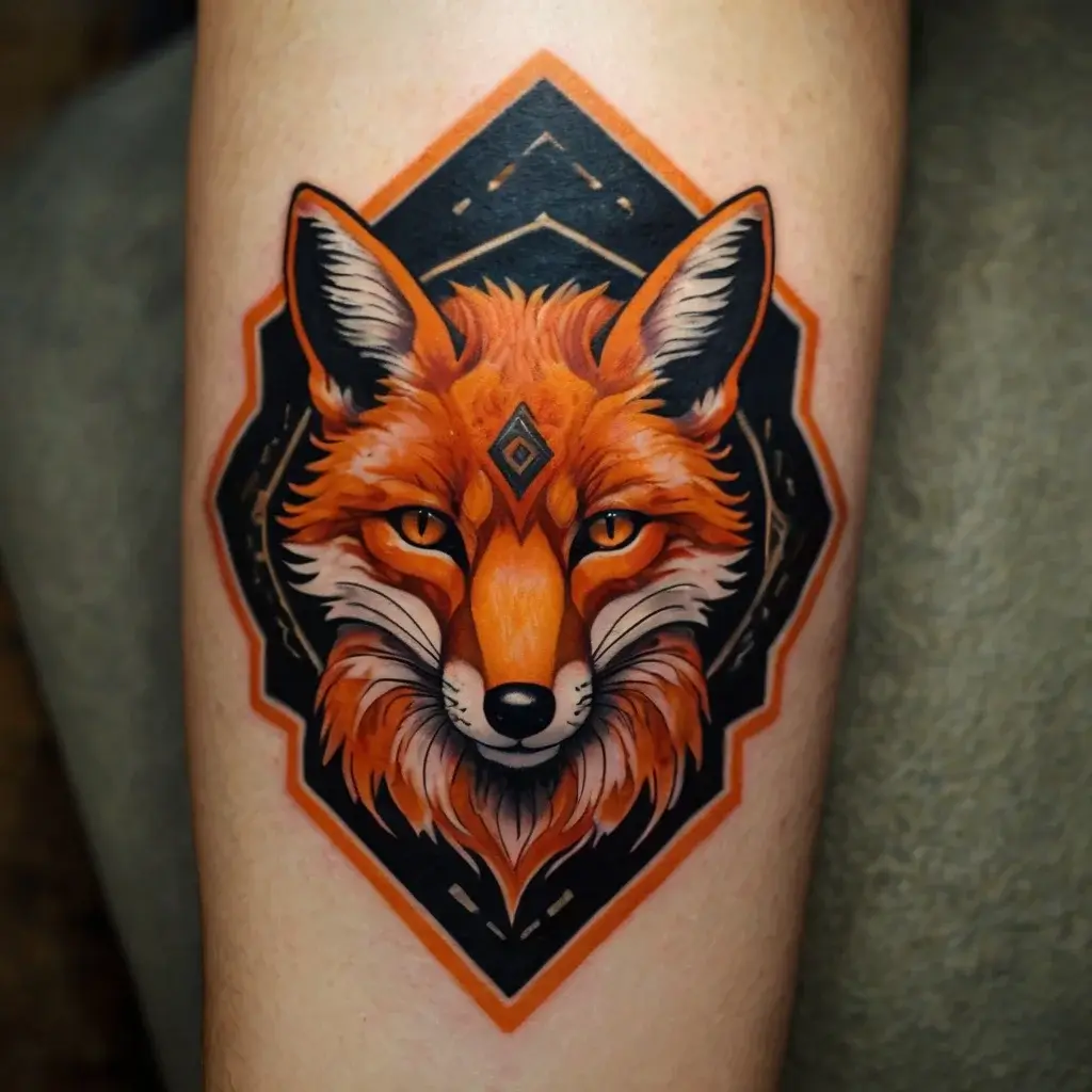 Geometric fox tattoo with vivid orange hues, piercing eyes, and intricate detailing, framed by bold shapes.