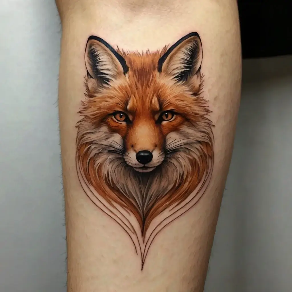 Hyper-realistic fox tattoo with vibrant orange fur, piercing eyes, and intricate details on a forearm.