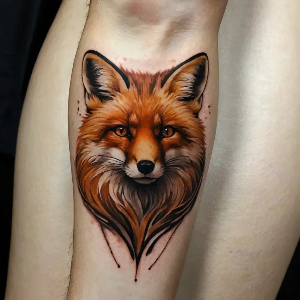 Realistic fox tattoo design with vivid orange hues and detailed fur, emphasizing the fox's piercing eyes and sleek ears.