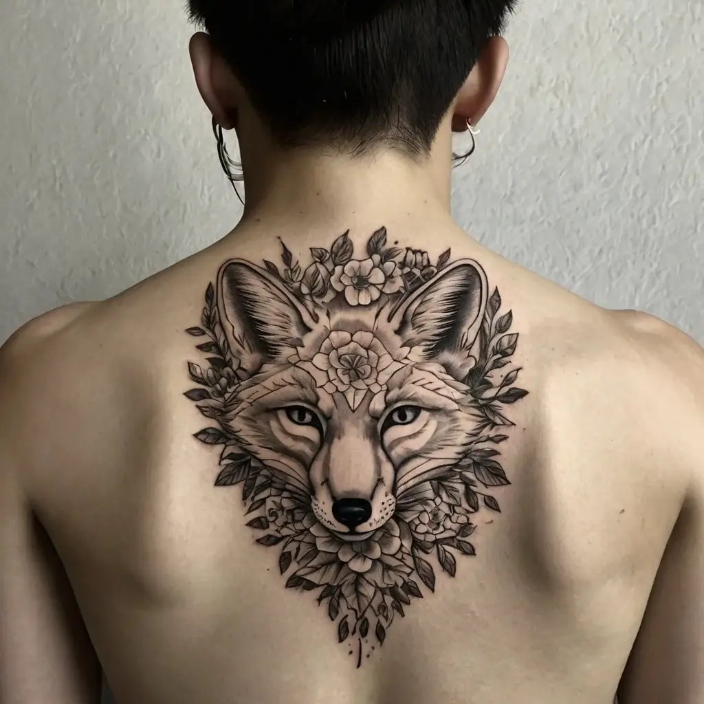 A detailed fox head tattoo merges with floral elements, centered on the upper back, expressing nature’s harmony.