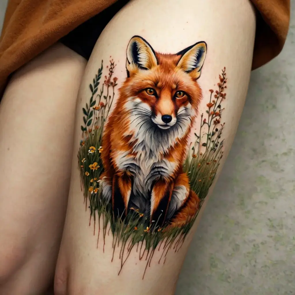 Realistic fox tattoo on thigh, surrounded by detailed foliage and wildflowers, showcasing stunning color and depth.