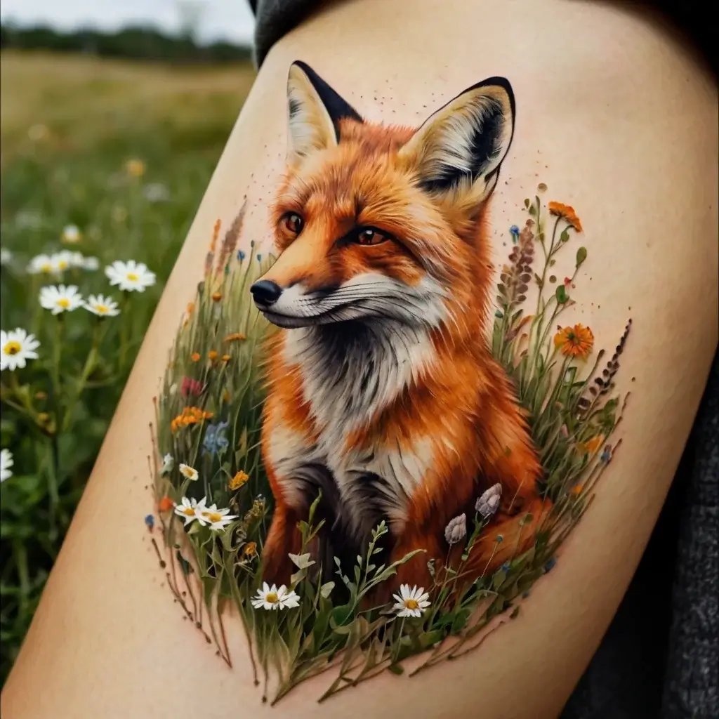 A realistic tattoo of a vivid red fox amidst wildflowers, showcasing intricate details and vibrant colors on the skin.