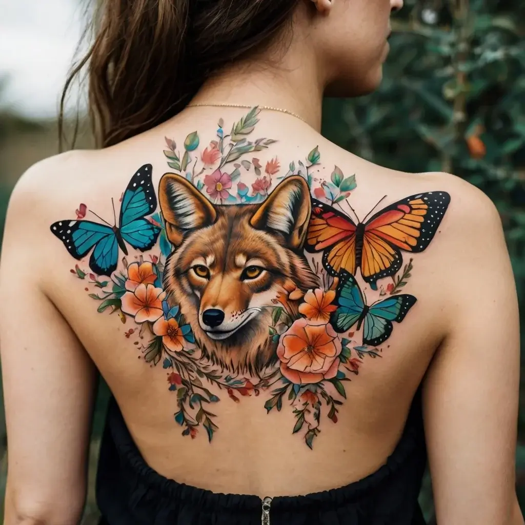 Tattoo of a fox surrounded by vibrant butterflies and flowers, intricately detailed with vivid colors on the upper back.