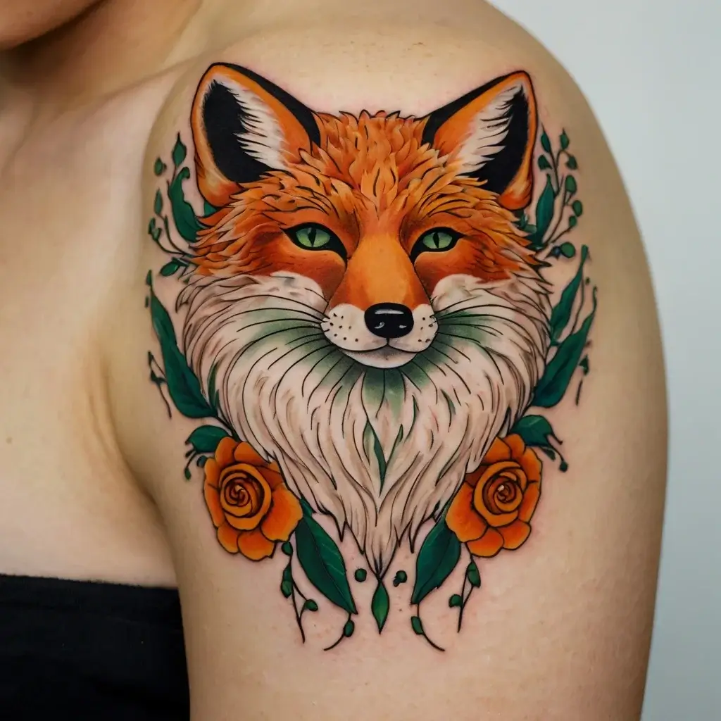 Vibrant tattoo of a fox with piercing green eyes, surrounded by orange roses and green leaves on the upper arm.