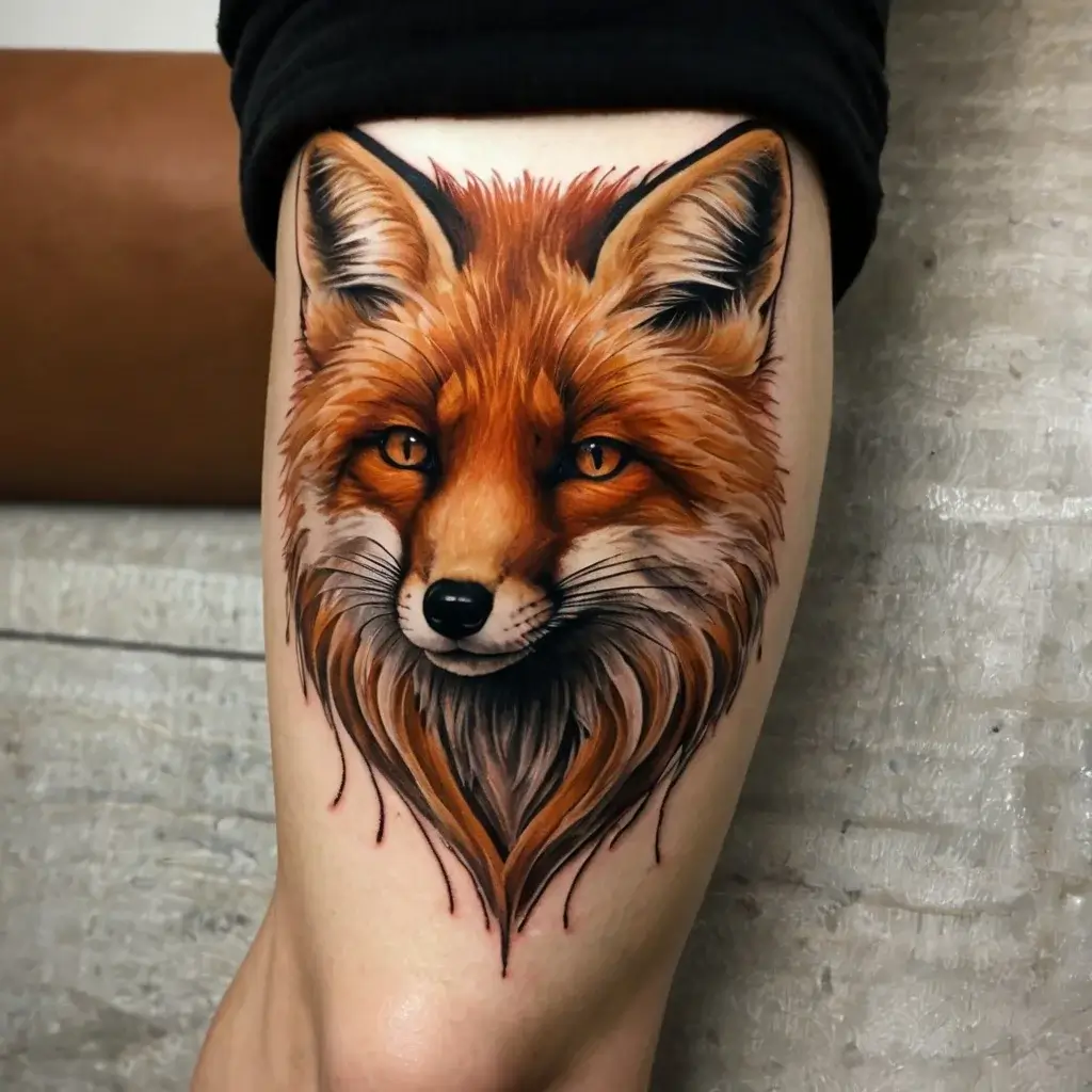 A vibrant, realistic fox tattoo on an arm, showcasing detailed fur in shades of orange and brown, with piercing eyes.