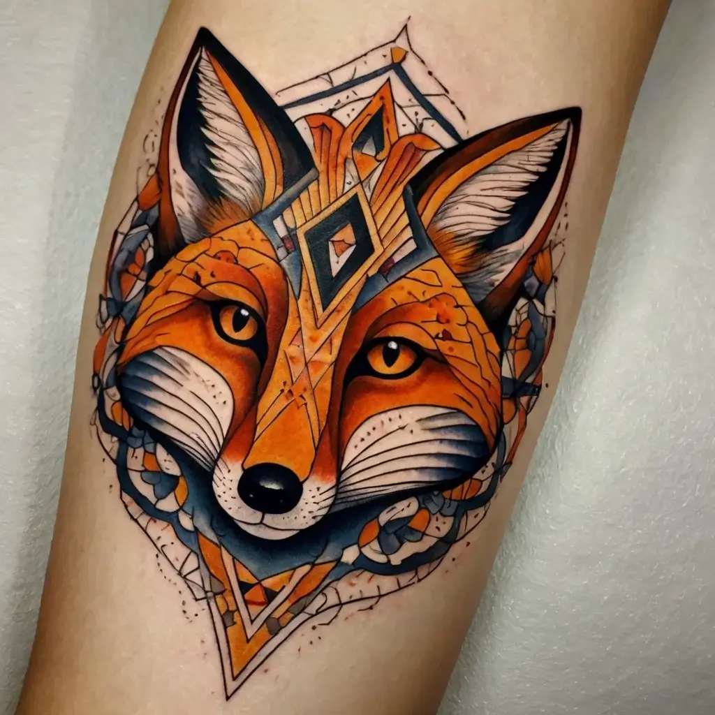 Geometric fox tattoo with vivid orange, black, and blue details; intricate patterns enhance the design's symmetry.