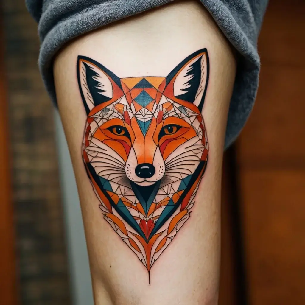 Geometric fox tattoo with vivid orange, blue, and black shapes, creating a modern, artistic look on the thigh.