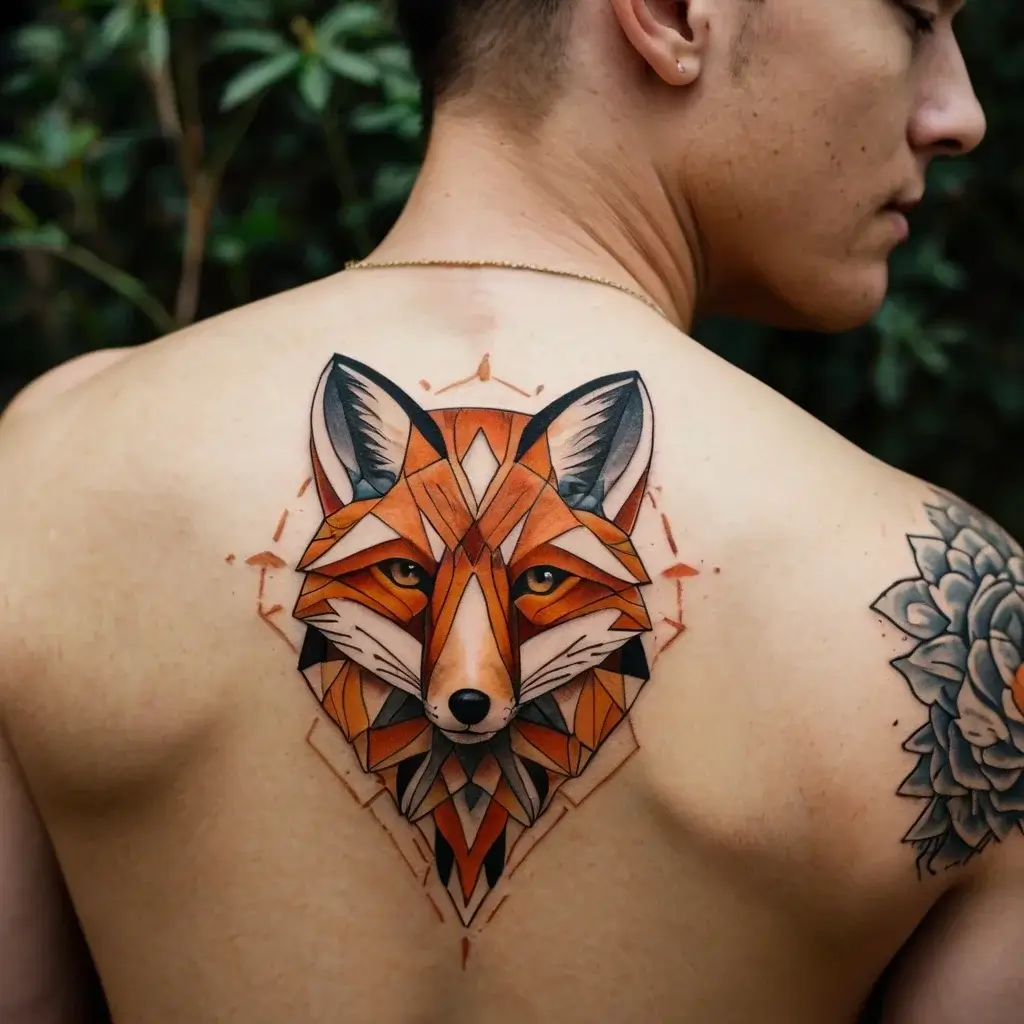 Geometric fox tattoo in orange and black, centered on the upper back; intricate lines and shading enhance the bold design.