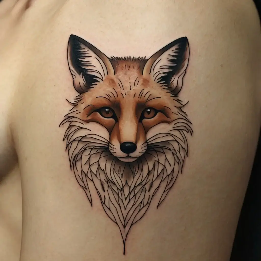 Tattoo of a realistic fox head with detailed fur blending into geometric shapes, showcasing intricate shading and line work.