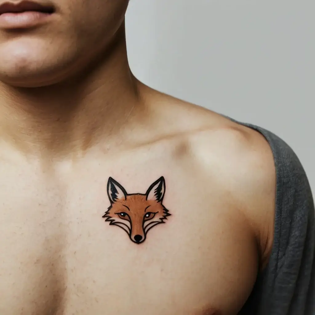 Tattoo of a stylized fox head with sharp details and bold lines, placed on the upper chest near the collarbone.