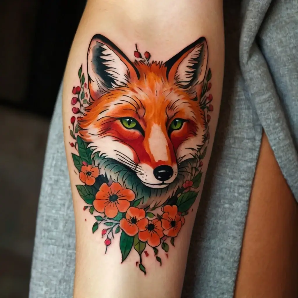 Colorful fox tattoo with green eyes surrounded by vibrant orange flowers and green leaves on an arm.