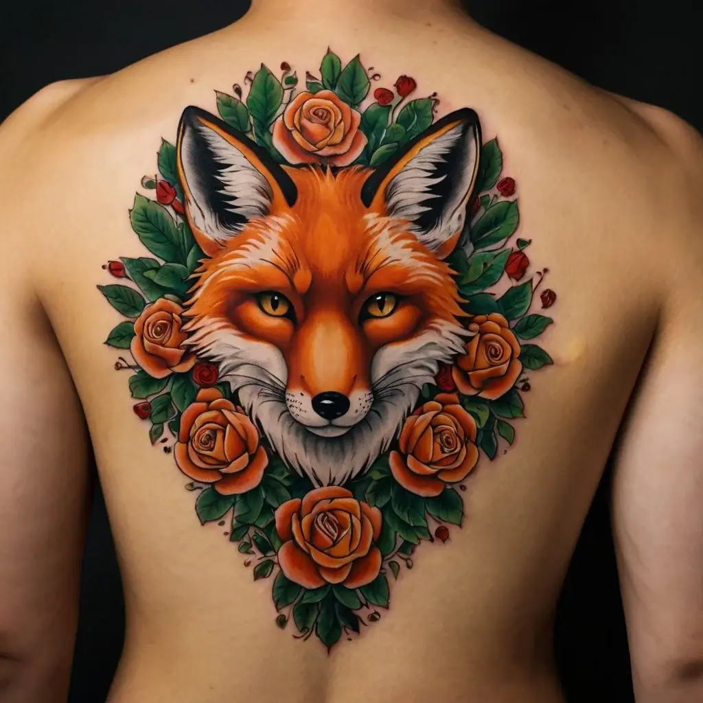 Tattoo of a vivid fox head surrounded by lush orange roses and green leaves, centered on the back, showcasing vibrant colors.