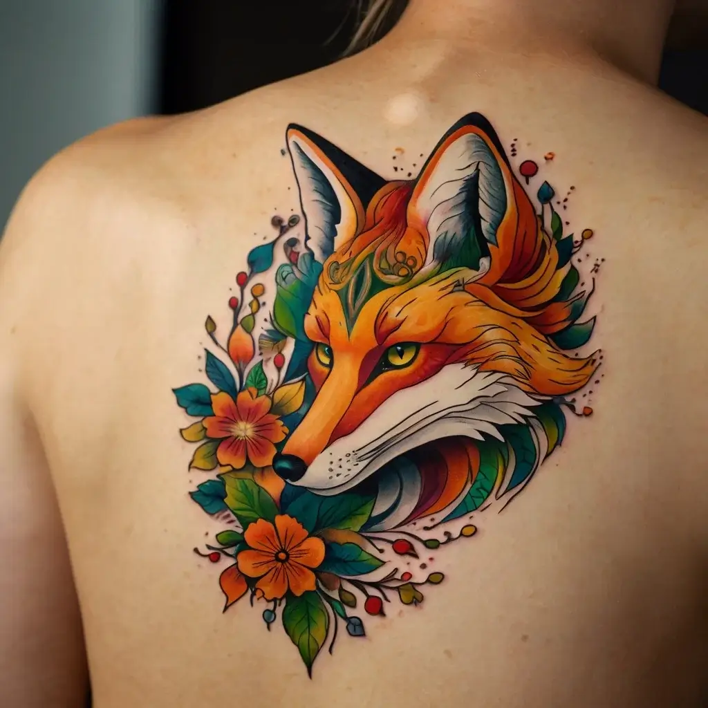 Vivid fox tattoo with orange, green, and blue hues, surrounded by colorful flowers and leaves on the upper back.