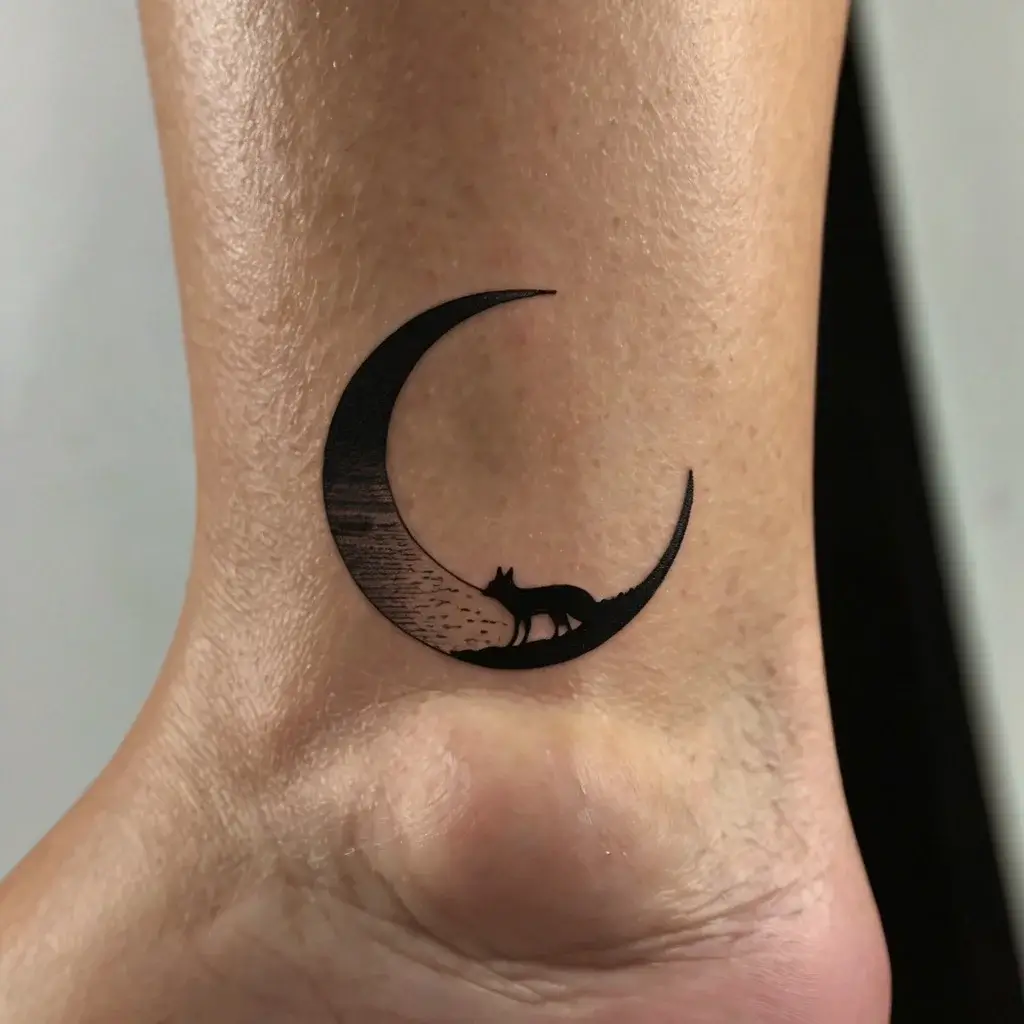 Silhouette of a wolf standing on a crescent moon, blending nature and mystery in a minimalist black ink tattoo design.