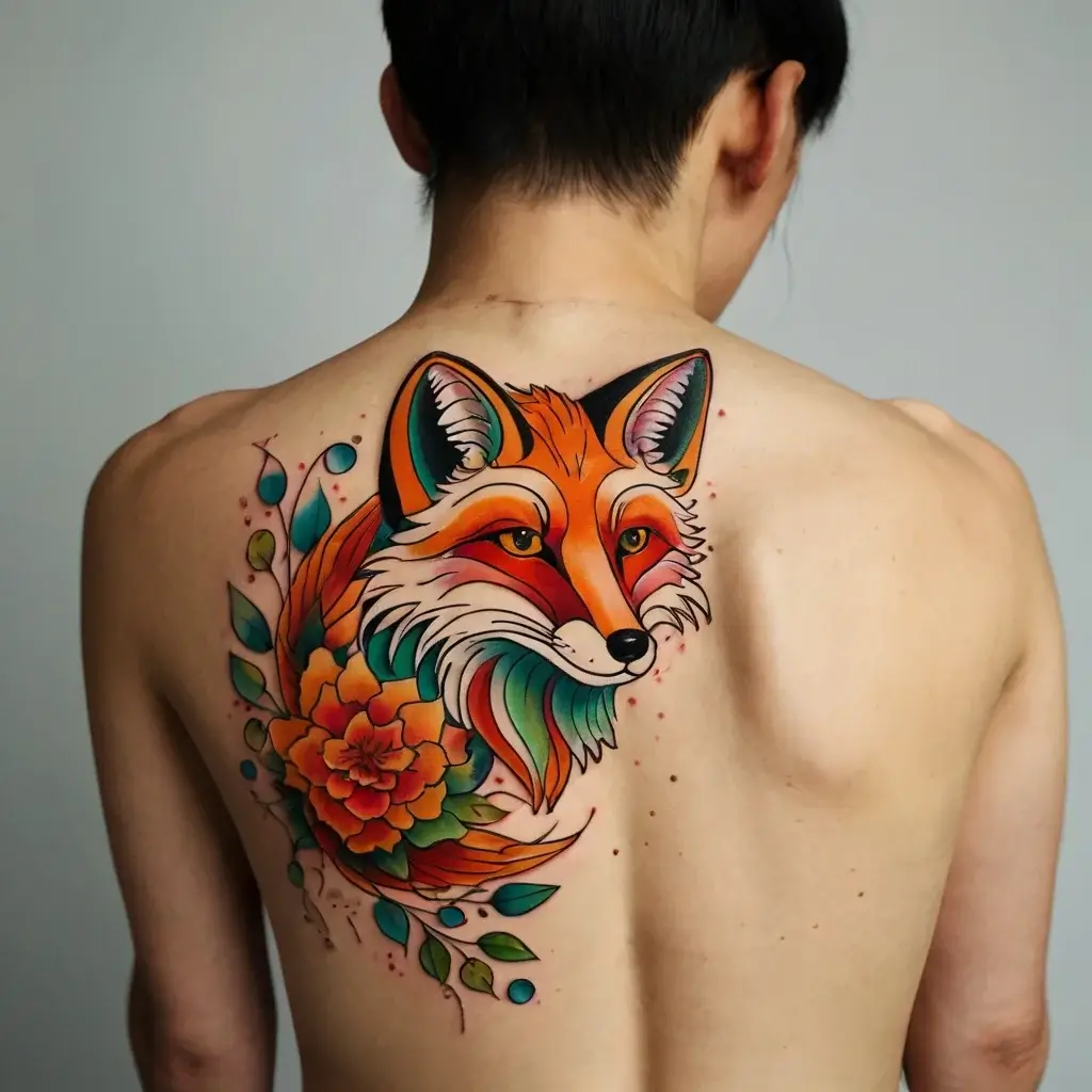 Vibrant tattoo of a fox with floral elements and leaves, blending orange, teal, and red shades on a person's upper back.