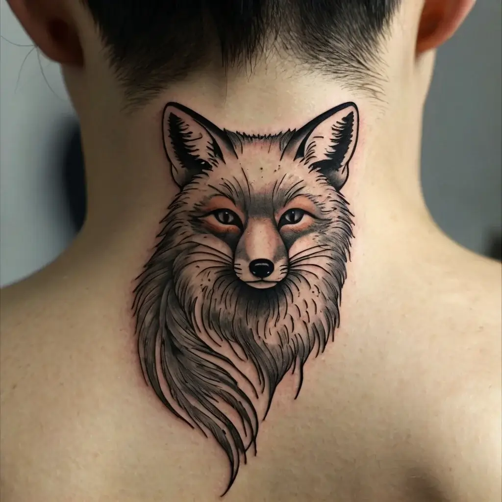 Realistic fox tattoo on neck, showcasing detailed fur shading, sharp eyes, and bold outlines for a striking back piece.