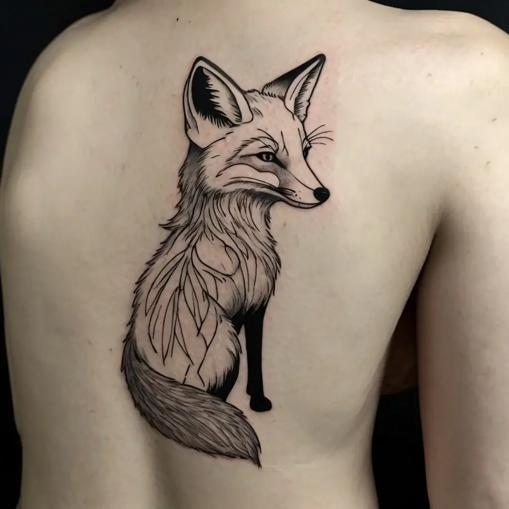 Tattoo of a stylized fox in black ink, detailed fur texture, perched elegantly on the upper back, facing sideways.