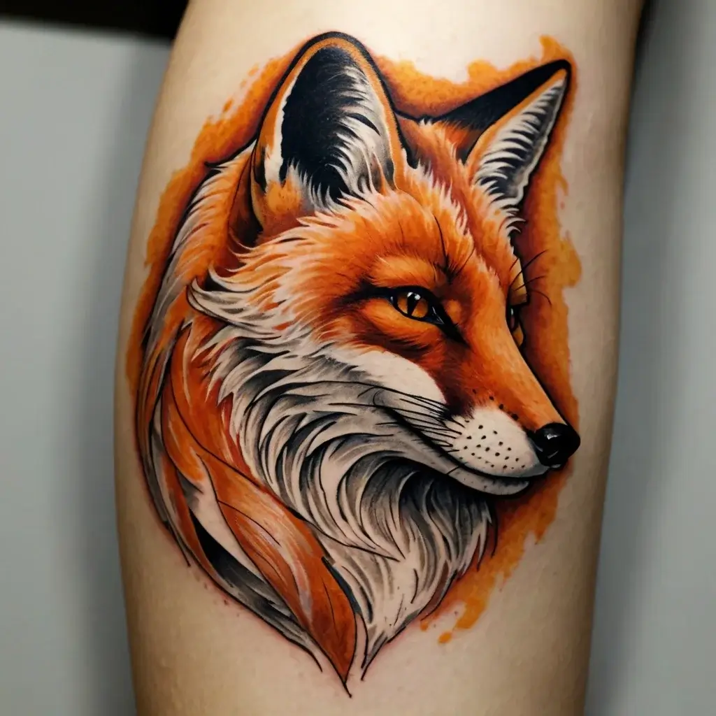 Realistic fox tattoo in vibrant orange and black, featuring intricate fur details and intense, lifelike eyes.