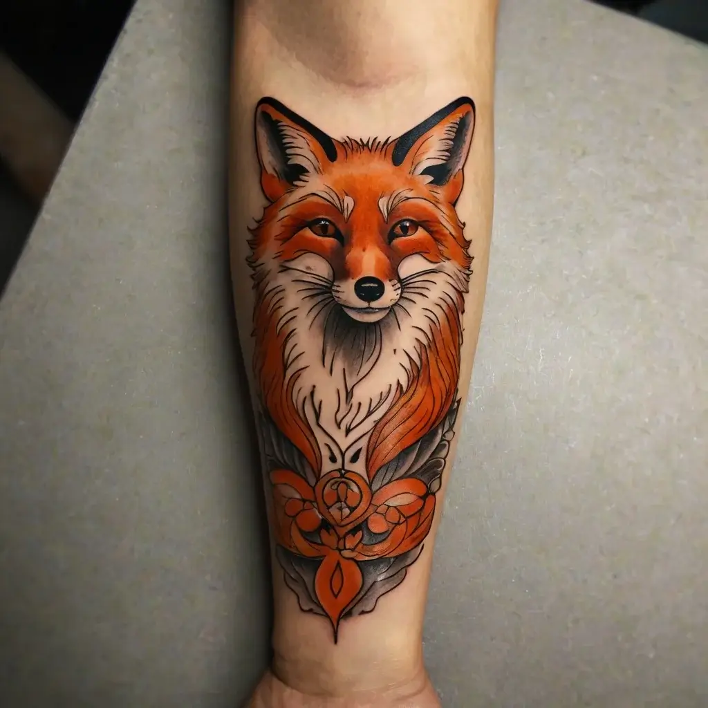 Tattoo of a vibrant fox with orange and black detailing, surrounded by intricate patterns and floral elements on the forearm.