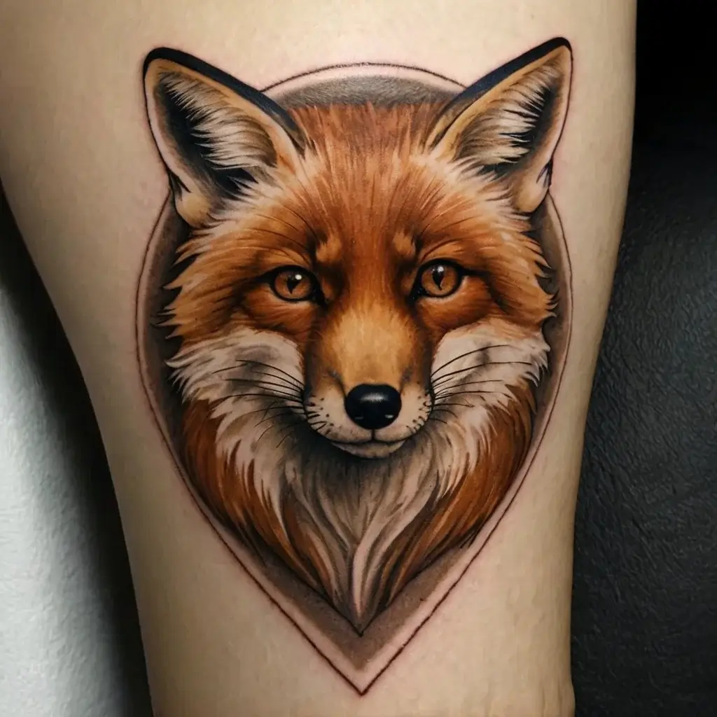 Realistic fox portrait tattoo with vivid orange and white fur details, framed in a heart shape, showcasing its piercing gaze.