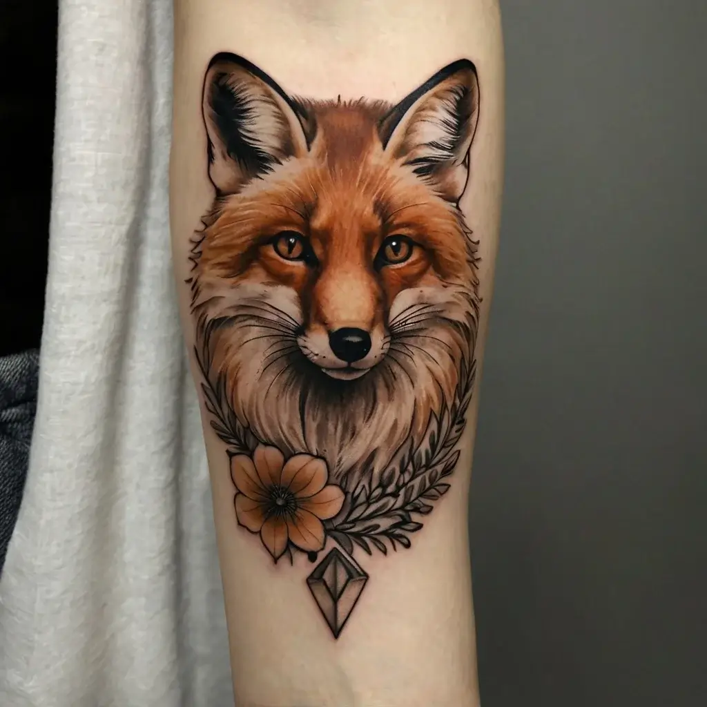 Realistic fox head tattoo with orange and black detailing, framed by a flower and geometric diamond shape below.