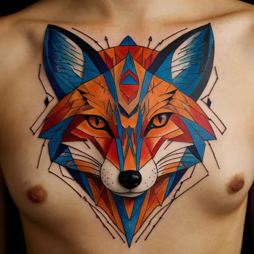 Geometric fox tattoo in vibrant orange, blue, and red hues, featuring sharp lines and angular shapes for a modern look.