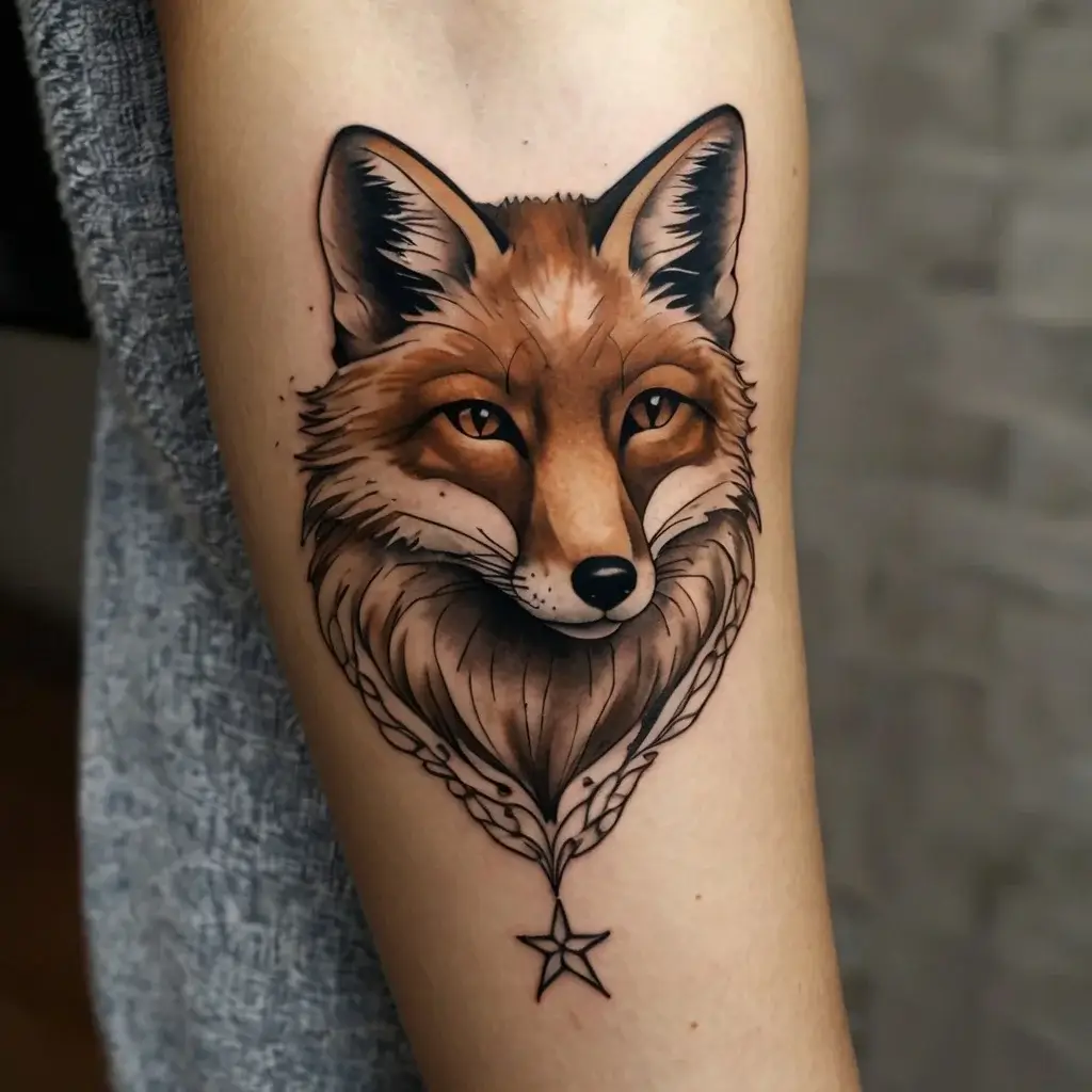 A detailed fox head tattoo with realistic fur shading, framed by leaves, leading to a small black star below.