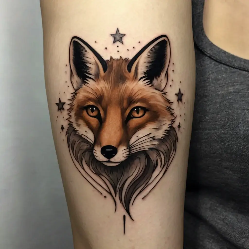 A realistic fox head tattoo with detailed fur, surrounded by stars, symbolizing cunning and mystery.