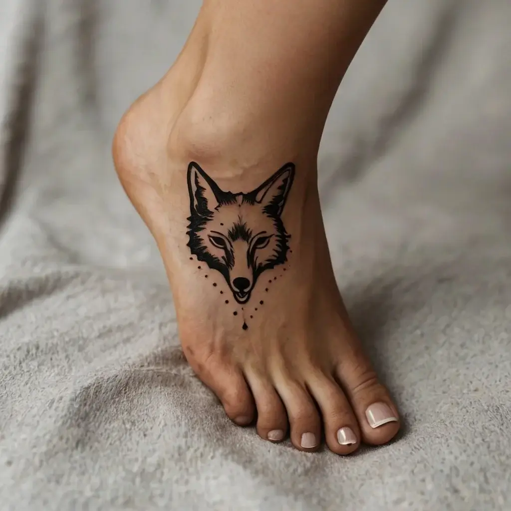 Tattoo of a fox face on foot, adorned with geometric dotted accents, creating a minimalist yet striking design.