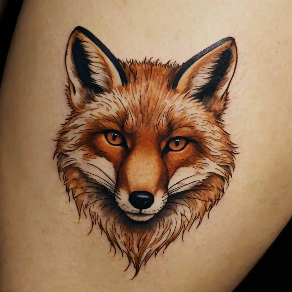 Realistic fox head tattoo with detailed fur texture and vivid orange tones, showcasing piercing eyes and sharp ears.