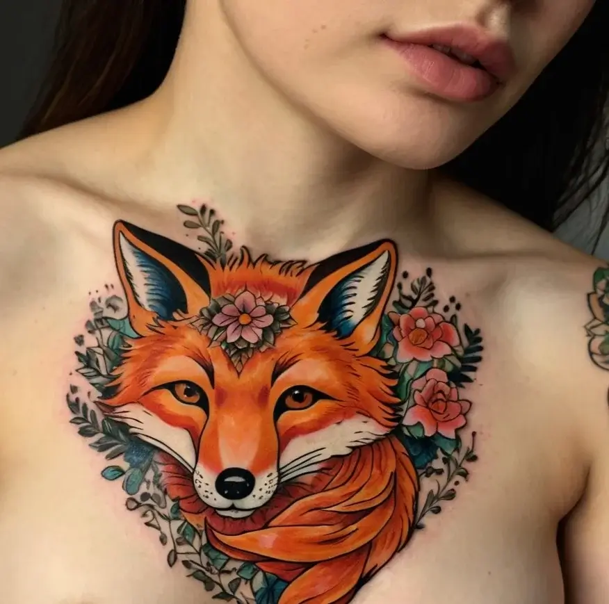 A vibrant fox tattoo with flowers on the chest, blending bold orange hues and floral accents for a harmonious design.