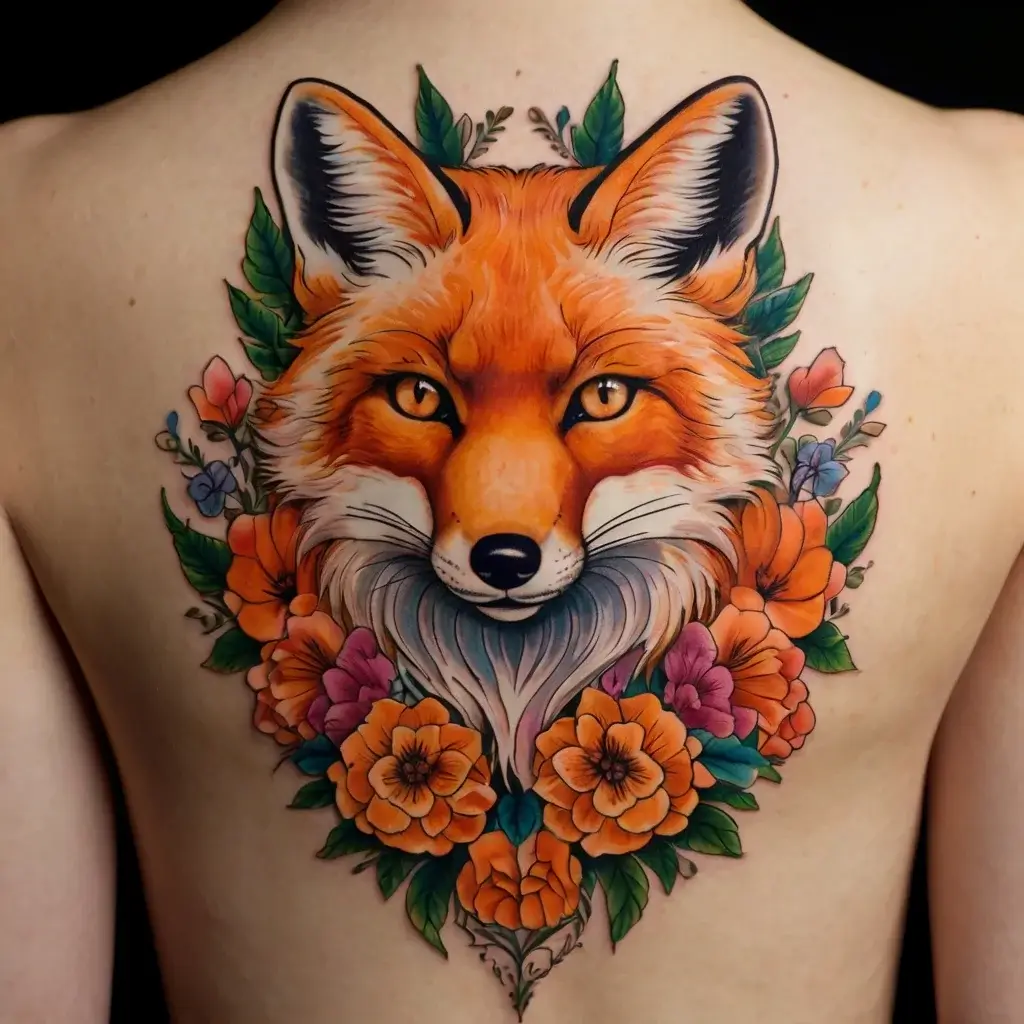 Vibrant fox head tattoo with realistic details and surrounded by colorful flowers and leaves on the back.