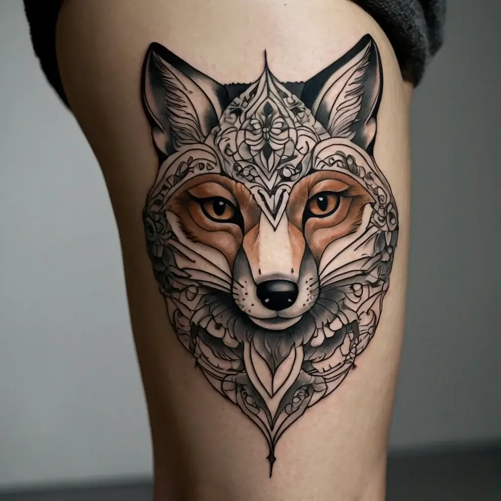 Intricate tattoo of a fox face with geometric patterns and ornate details on the upper leg, blending realism and design.