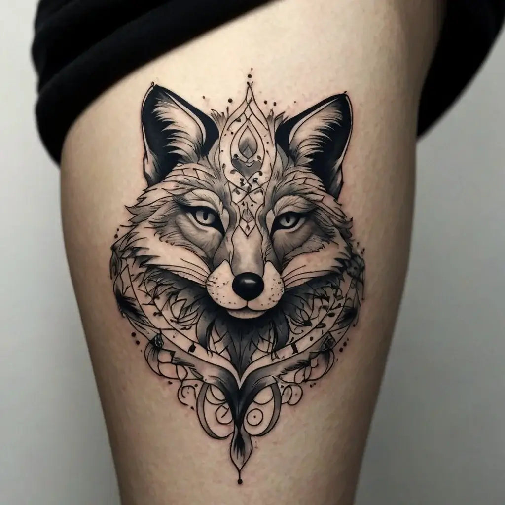 Intricate wolf tattoo on thigh with geometric and ornamental patterns, showcasing fierce eyes and a detailed fur depiction.